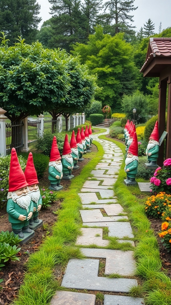 A charming garden pathway lined with gnome statues and colorful flowers.