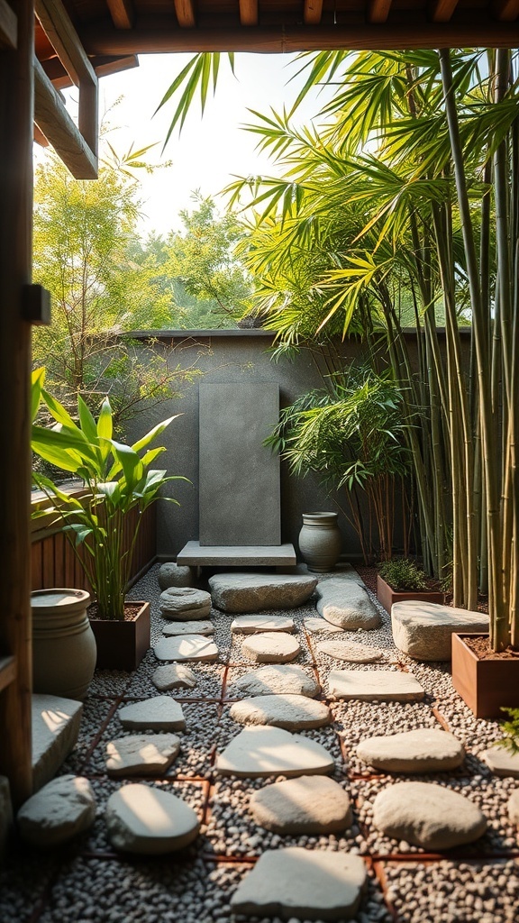 A serene meditation nook with bamboo and stone pathways