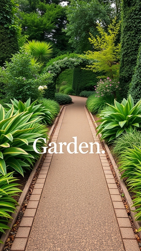 A garden walkway bordered by lush greenery and plants.