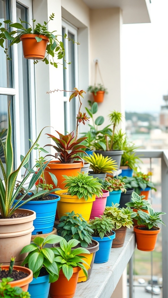A colorful display of potted plants on a balcony, showcasing various types of greenery in containers.