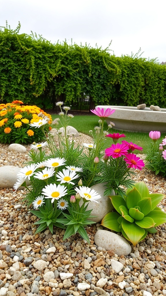 A colorful flowerbed with daisies and pink flowers surrounded by gravel and pebbles.