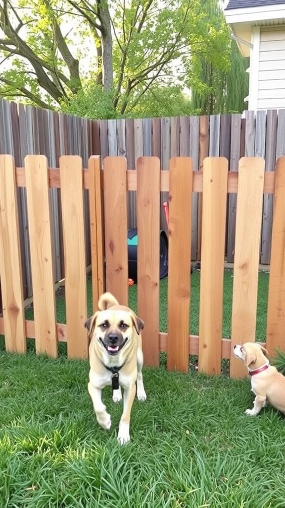A happy dog jumping at the entrance of a pallet fence in a backyard.