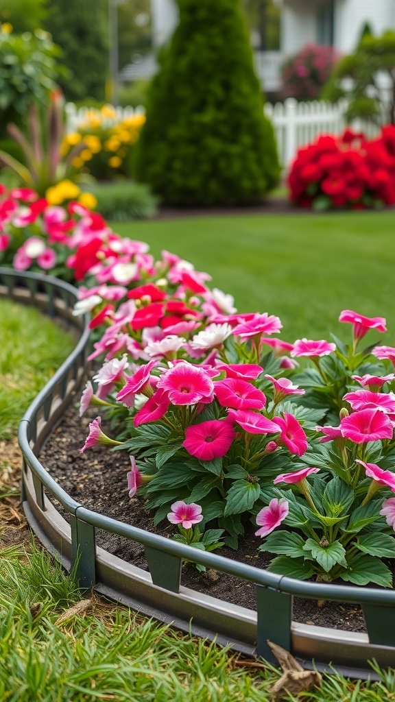 A flowerbed with pink flowers bordered by sleek metal edging in a well-maintained garden.