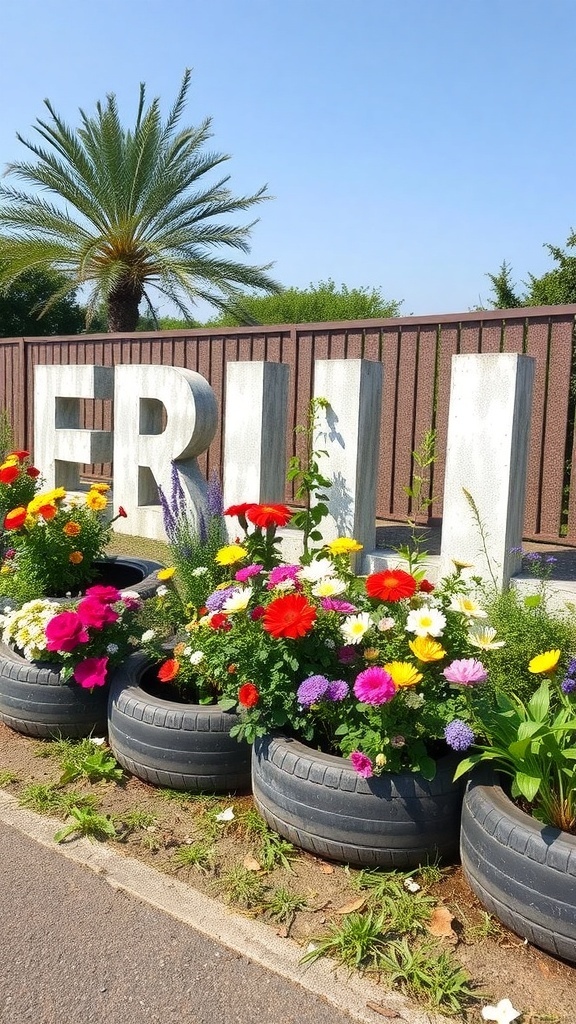Colorful flowerbed bordered by recycled tires