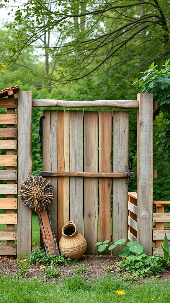 A rustic wooden pallet fence with a gate, featuring natural wood tones and decorative elements like a clay pot and a twig arrangement.