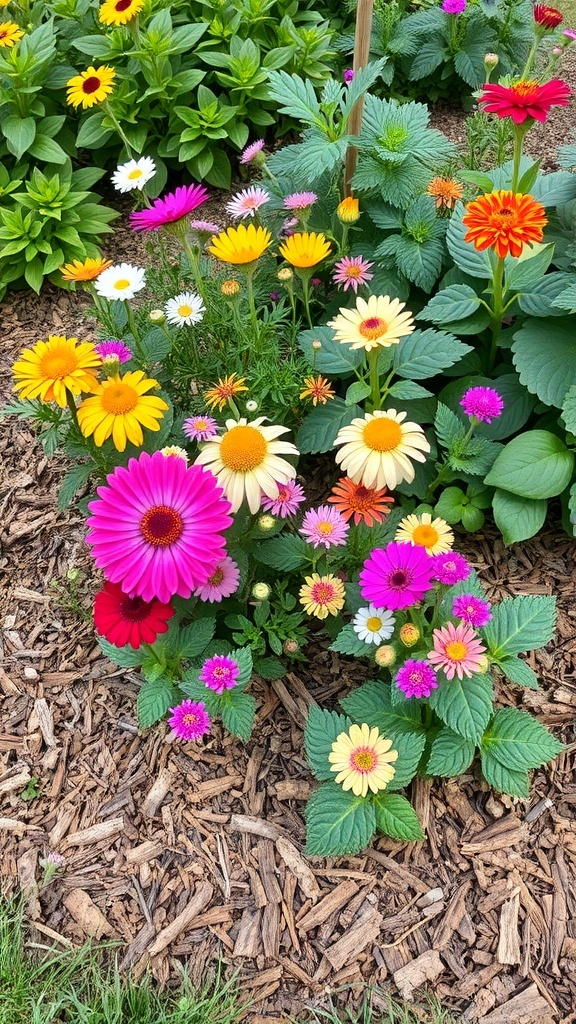Colorful flowerbed with a variety of flowers surrounded by cedar mulch