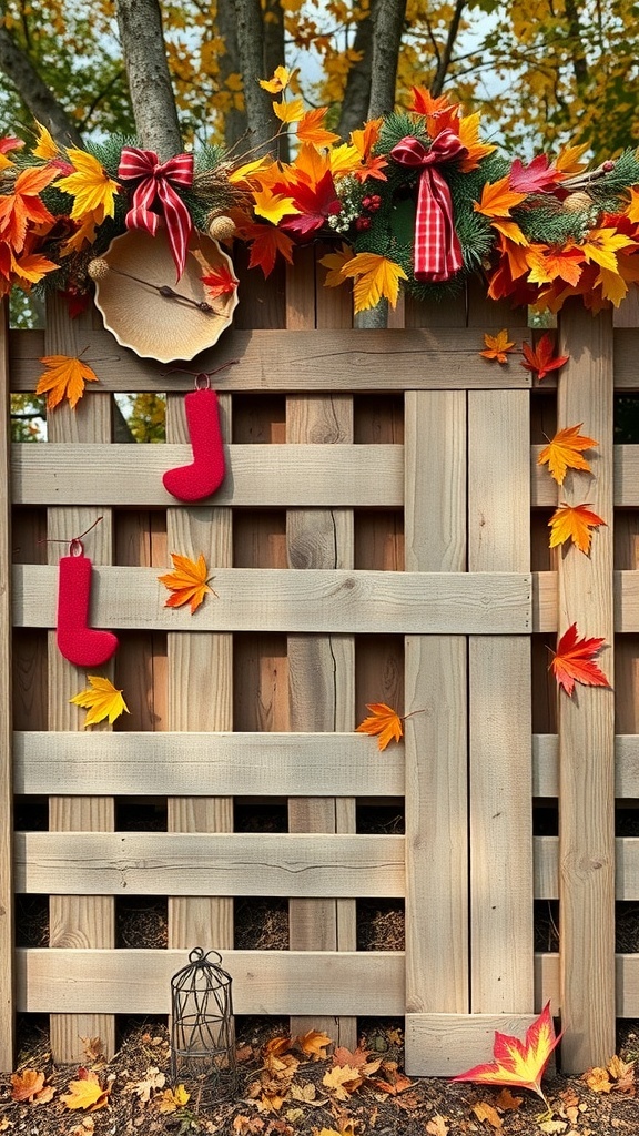 A pallet fence decorated with autumn leaves, a wreath, and red stockings.