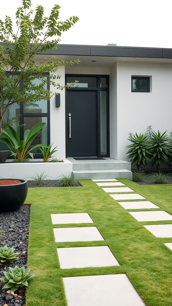 A modern minimalist front yard with a black door, stone pathway, and lush green lawn.