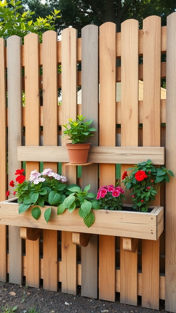 A wooden pallet fence with built-in planters displaying colorful flowers.