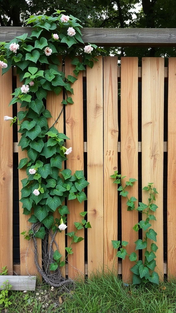 A wooden pallet fence with climbing plants and pink flowers.