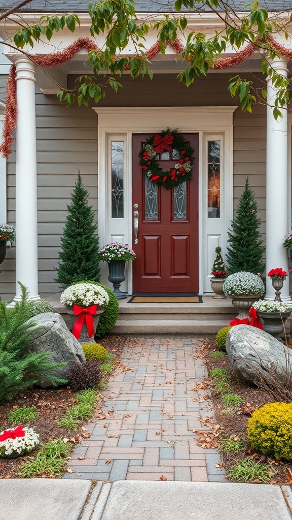 A front yard with seasonal decorations including a wreath, potted plants, and a brick pathway.