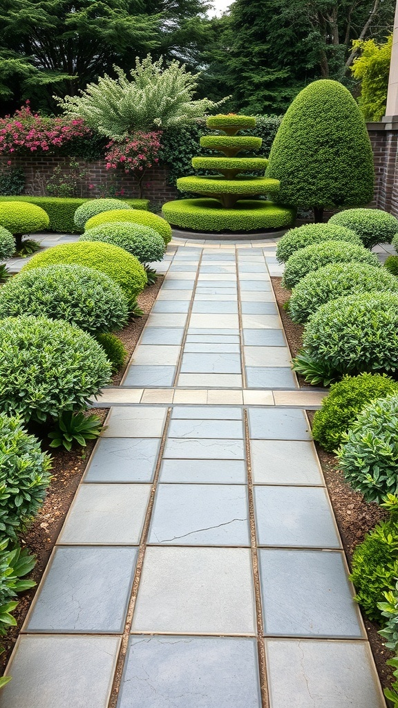 A garden pathway bordered with slate tiles, surrounded by neatly trimmed bushes and flowering plants.