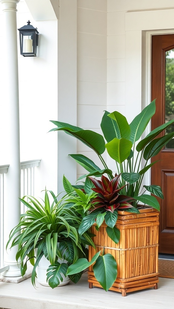 A bamboo planter filled with tropical plants on a front porch.