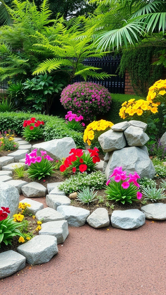 A garden featuring natural stone borders with colorful flowers.