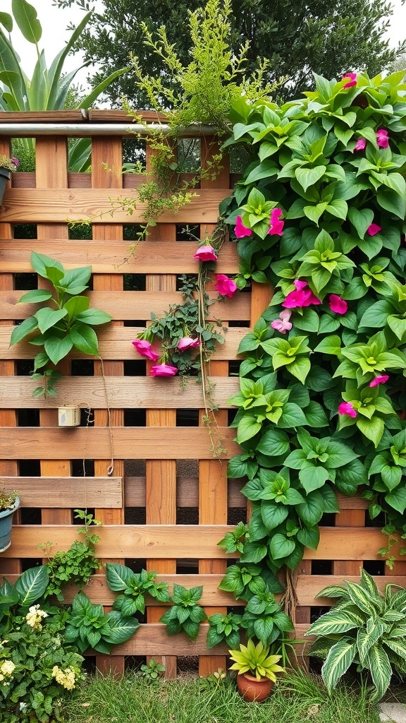 A rustic garden pallet fence covered with green plants and colorful flowers.