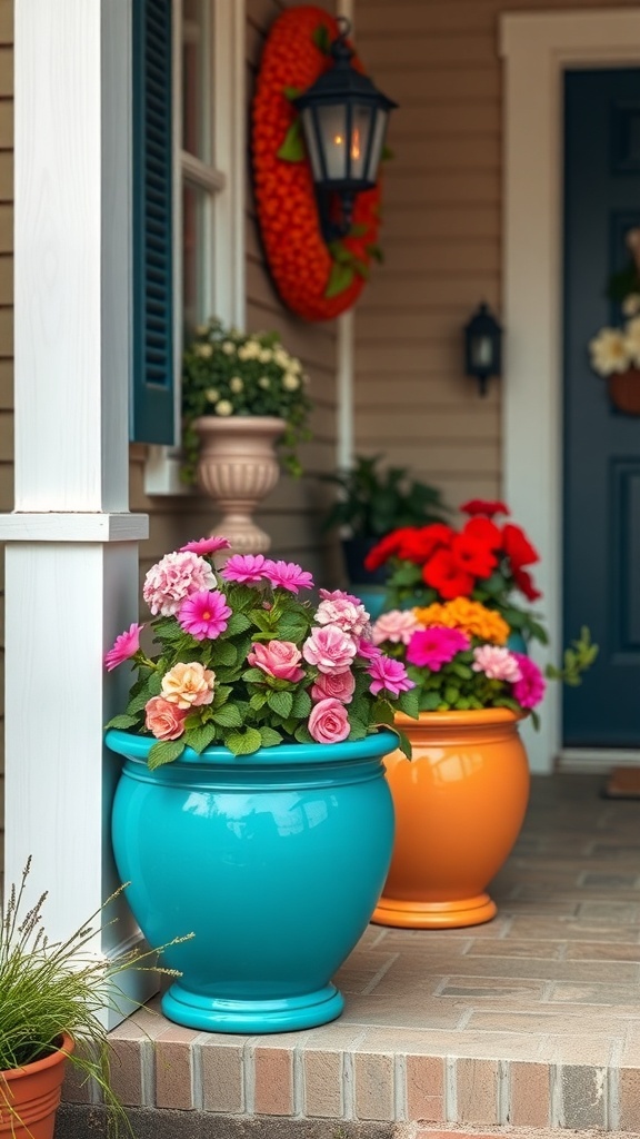 Two colorful ceramic planters on a front porch, one turquoise and one orange, filled with vibrant flowers.