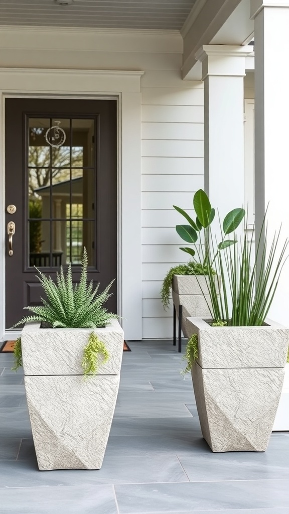 Two faux stone planters with greenery on a modern porch