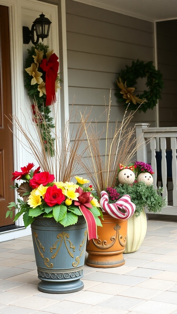 Three seasonal planters on a front porch, featuring colorful flowers and festive decorations.