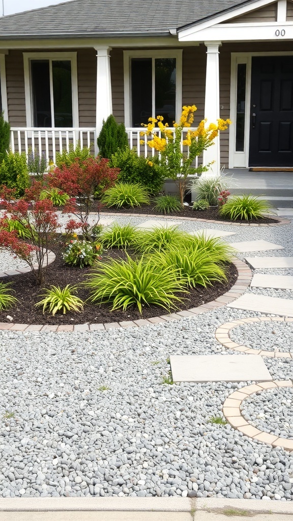 A front yard featuring decorative gravel, vibrant plants, and a welcoming entrance.
