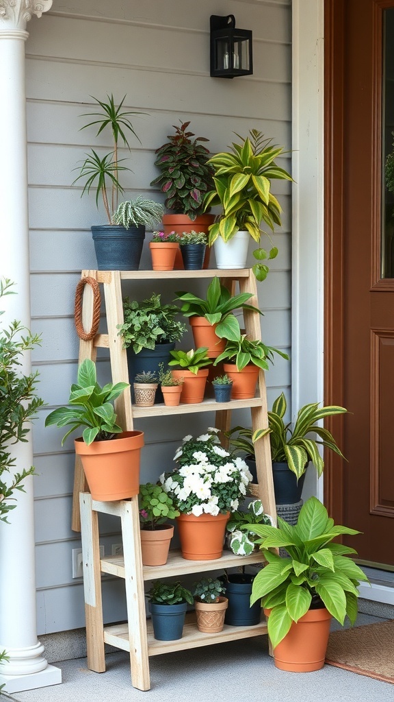 A tiered wooden plant stand filled with various potted plants on a front porch.