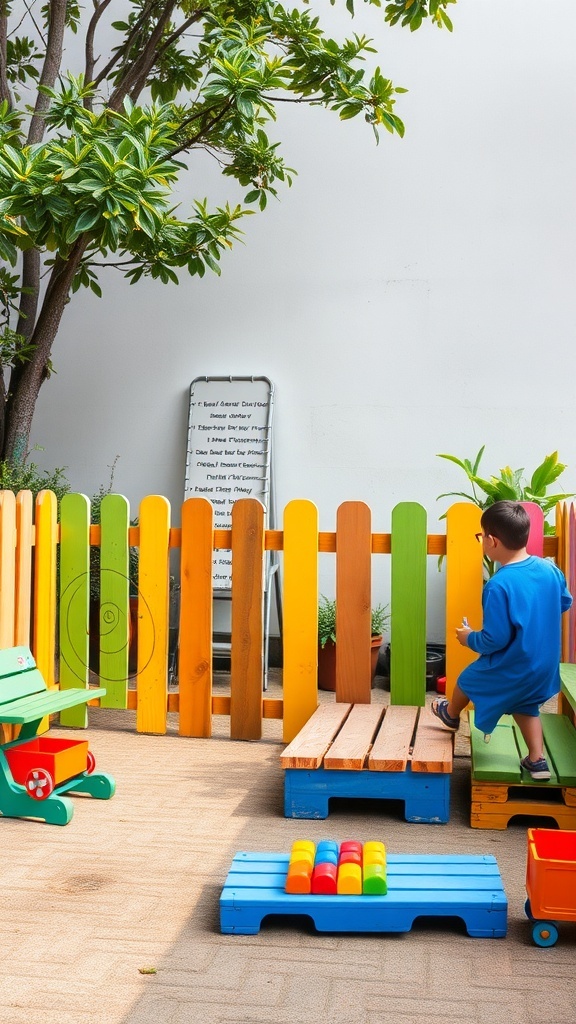A colorful pallet fence surrounding a children's play area with a child playing.