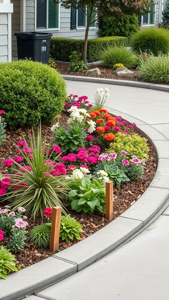 A flowerbed with colorful flowers bordered by a curved concrete edge.