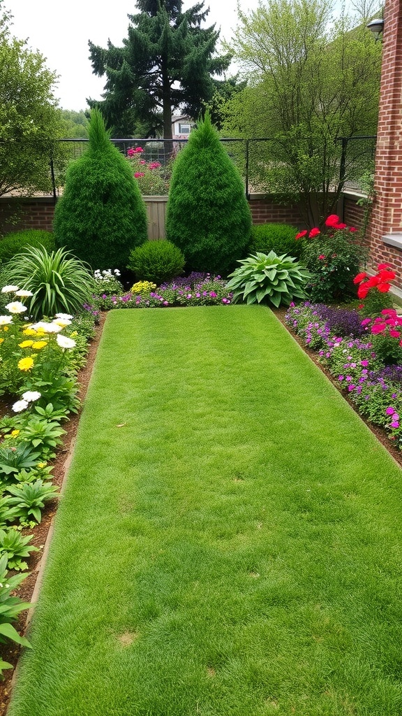 A well-maintained garden pathway bordered by colorful flowers and lush greenery.