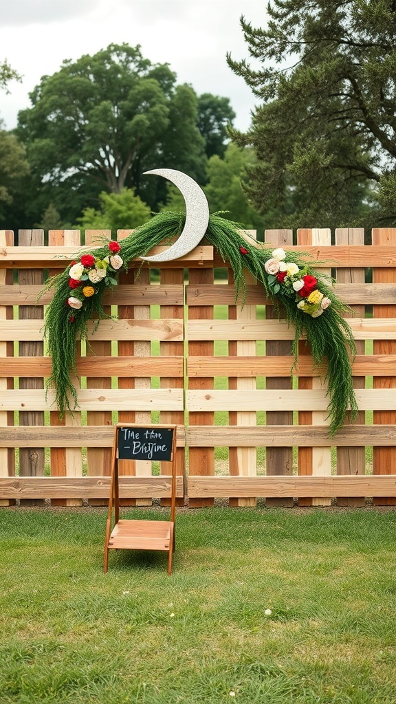 Pallet fence decorated with flowers and a moon-shaped ornament, with a wooden chair and chalkboard sign in front.