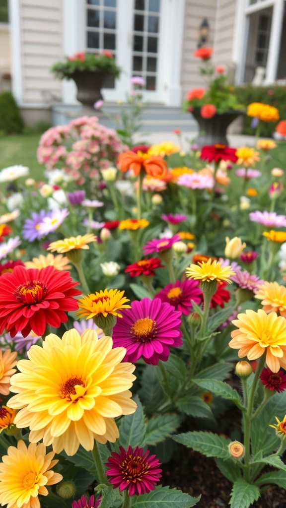Colorful flower beds with seasonal blooms in a front yard