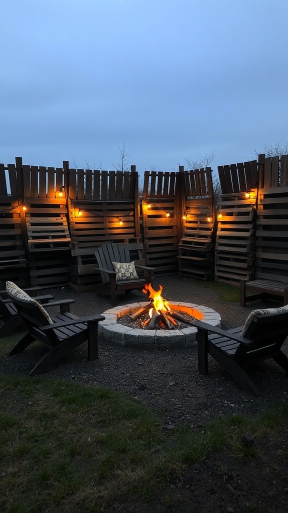 Cozy fire pit area surrounded by a pallet fence with string lights.