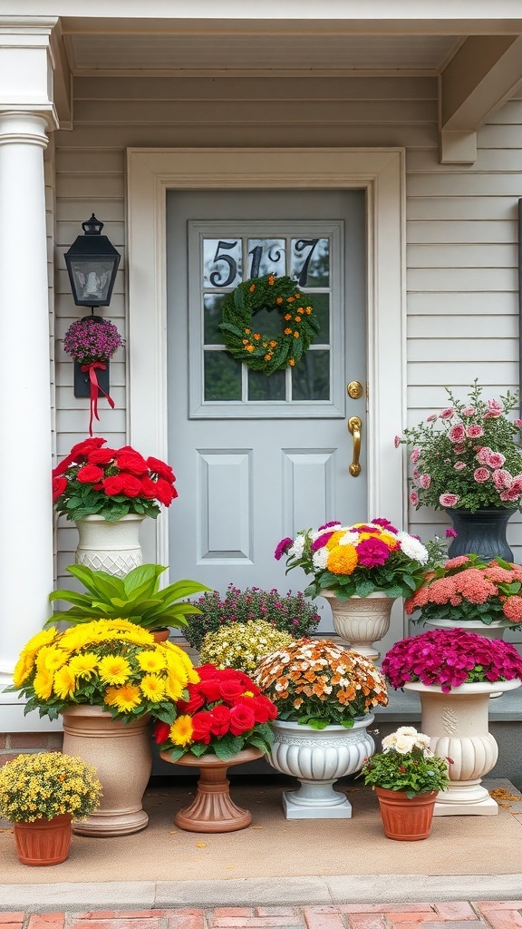 A front porch with colorful seasonal flower arrangements in various pots.