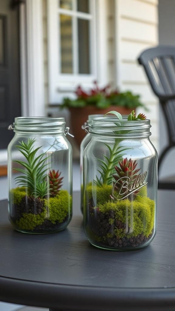 Two glass jar terrariums with succulents and moss on a table