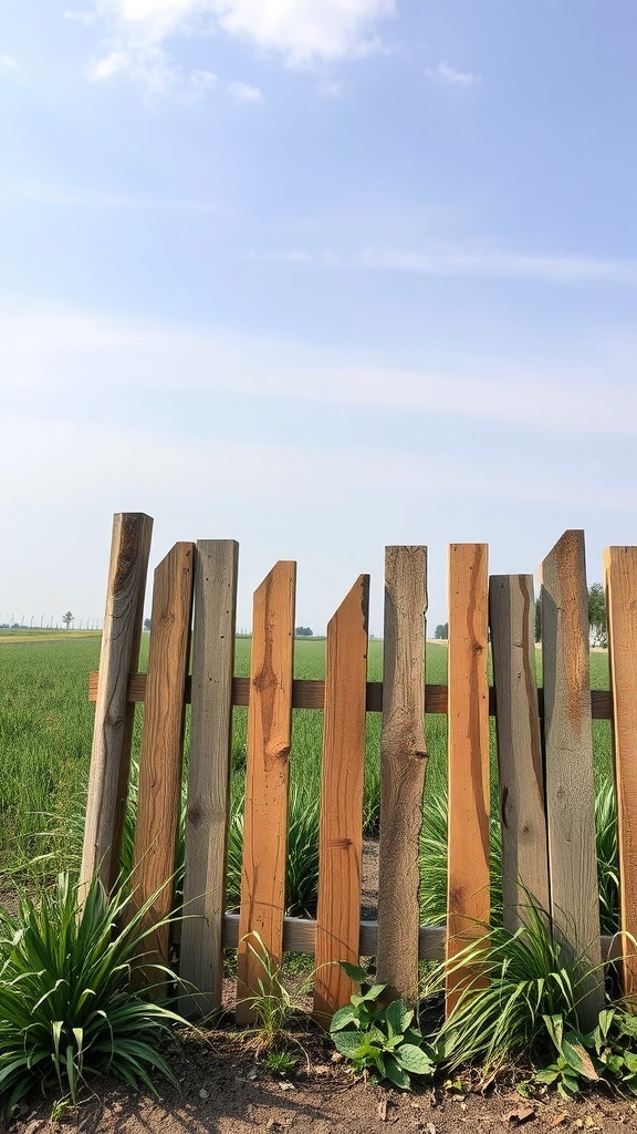A rustic pallet fence made from recycled wood, surrounded by green grass and a clear blue sky.