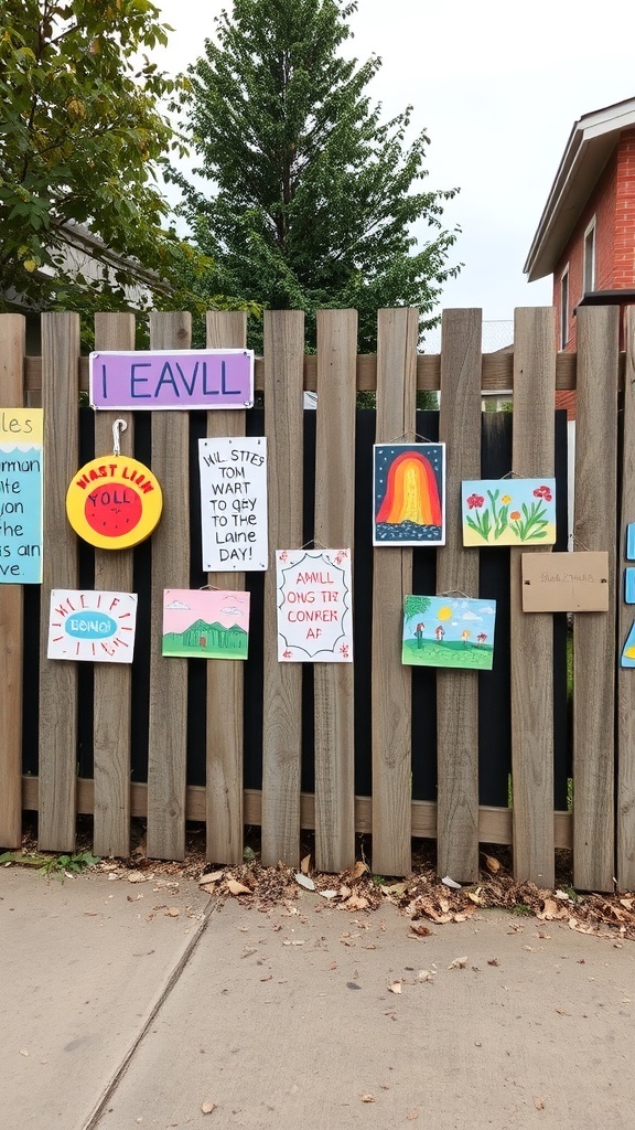 A pallet fence decorated with colorful signs and artwork, showcasing a creative and personal touch.