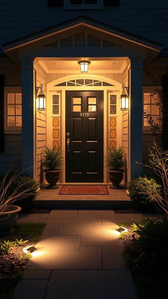 A well-lit front porch with a dark door, path lighting, and decorative elements