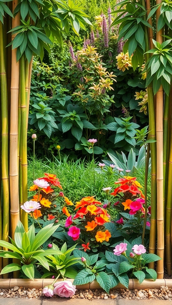 A vibrant flowerbed framed by bamboo, showcasing colorful flowers in a lush garden.