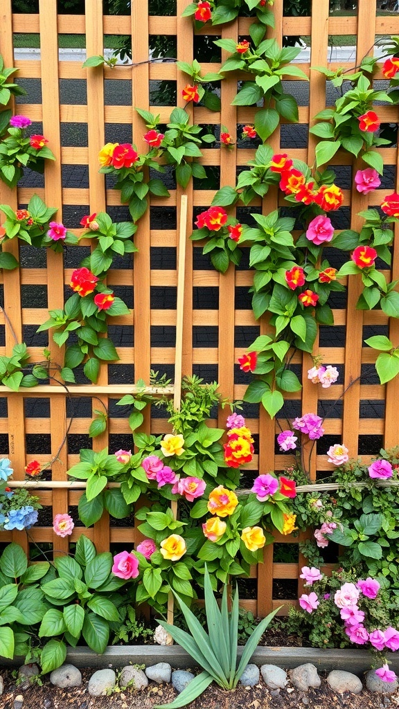 A wooden lattice structure with colorful flowers climbing on it, creating a vibrant flowerbed edging.