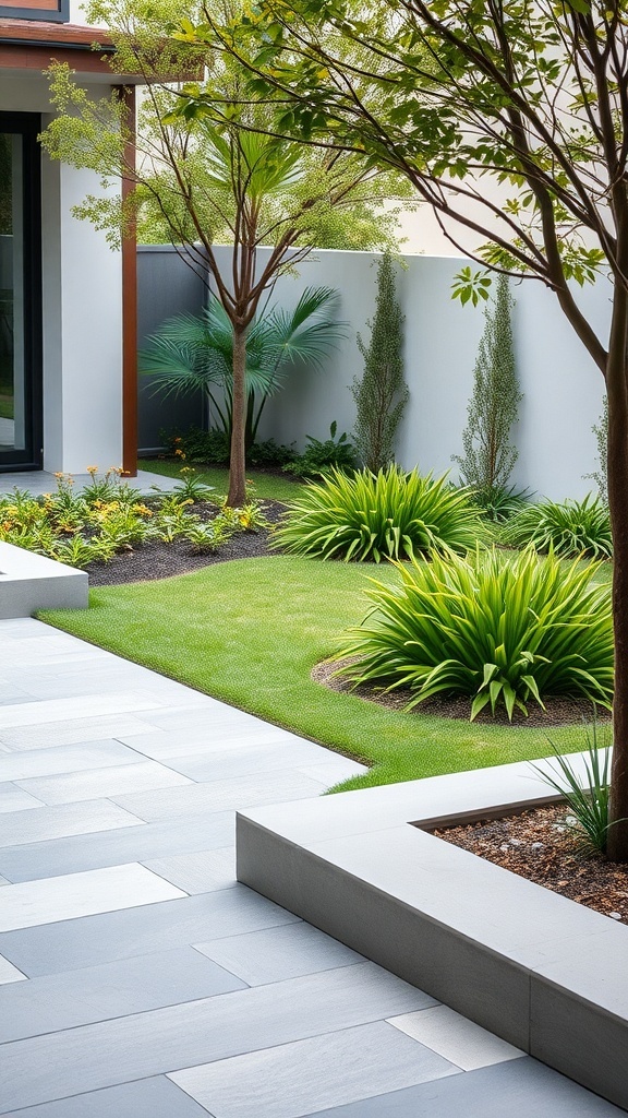 A modern garden featuring concrete landscape edging with lush green plants and a paved area.