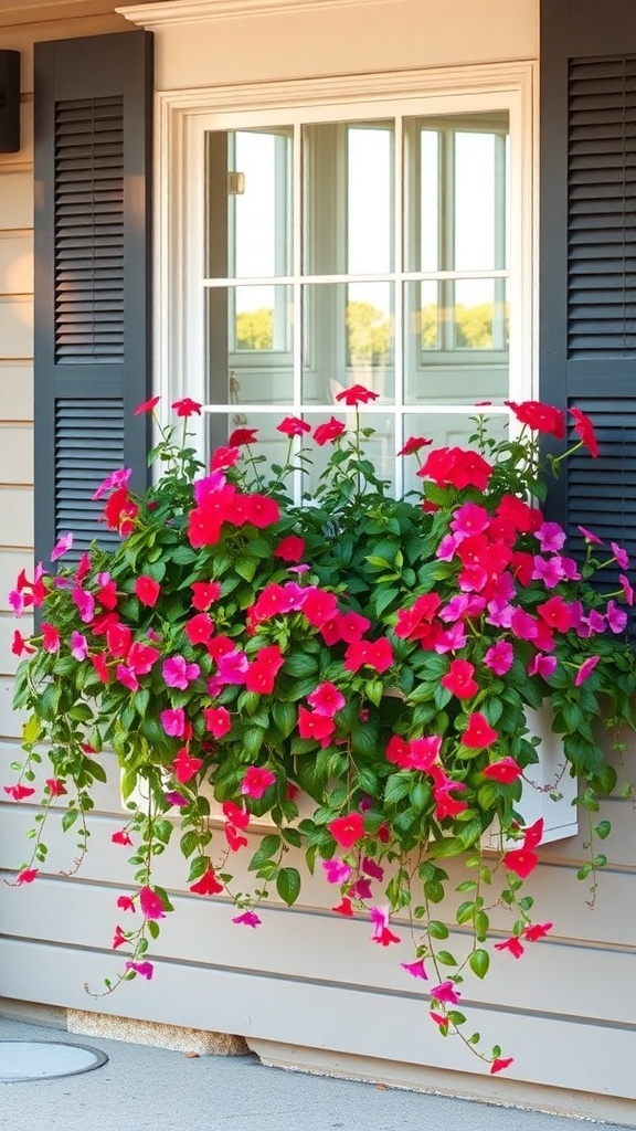 Vibrant window box planter filled with pink and purple flowers cascading over the sides.
