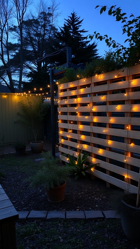 A pallet fence illuminated with string lights in a garden setting