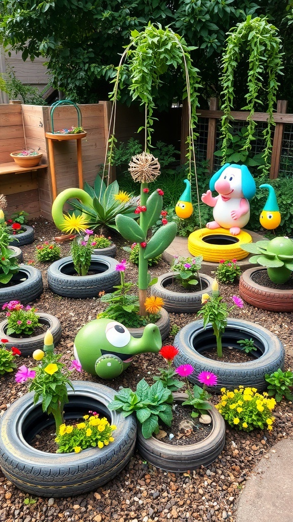 Colorful garden with recycled tire borders and vibrant flowers.