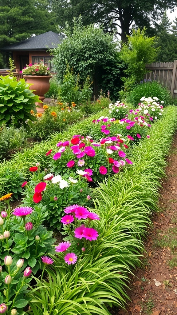 A garden with colorful flowers and lush greenery forming a natural border.