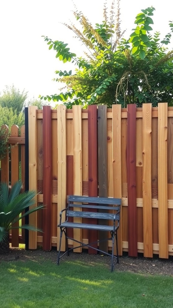 A vertical pallet fence made of various shades of wood with a metal chair in front.