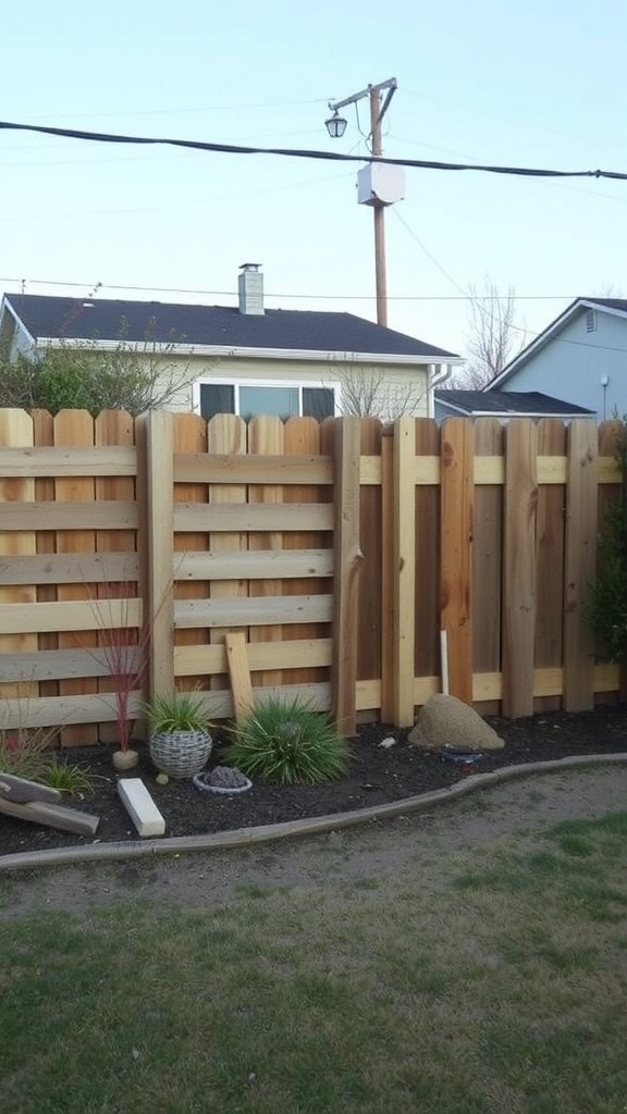 A wooden pallet fence with a natural finish, surrounded by green plants and a simple landscape.