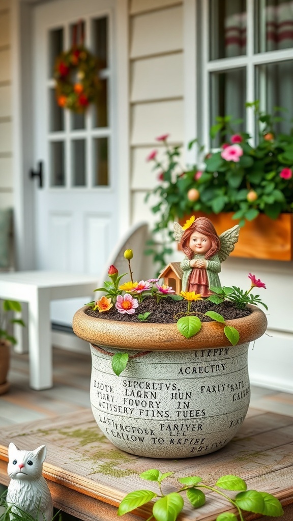 A whimsical fairy garden planter featuring a fairy figurine surrounded by colorful flowers and a rustic planter.