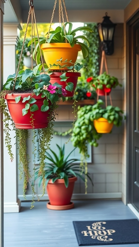 Colorful hanging planters with plants on a front porch