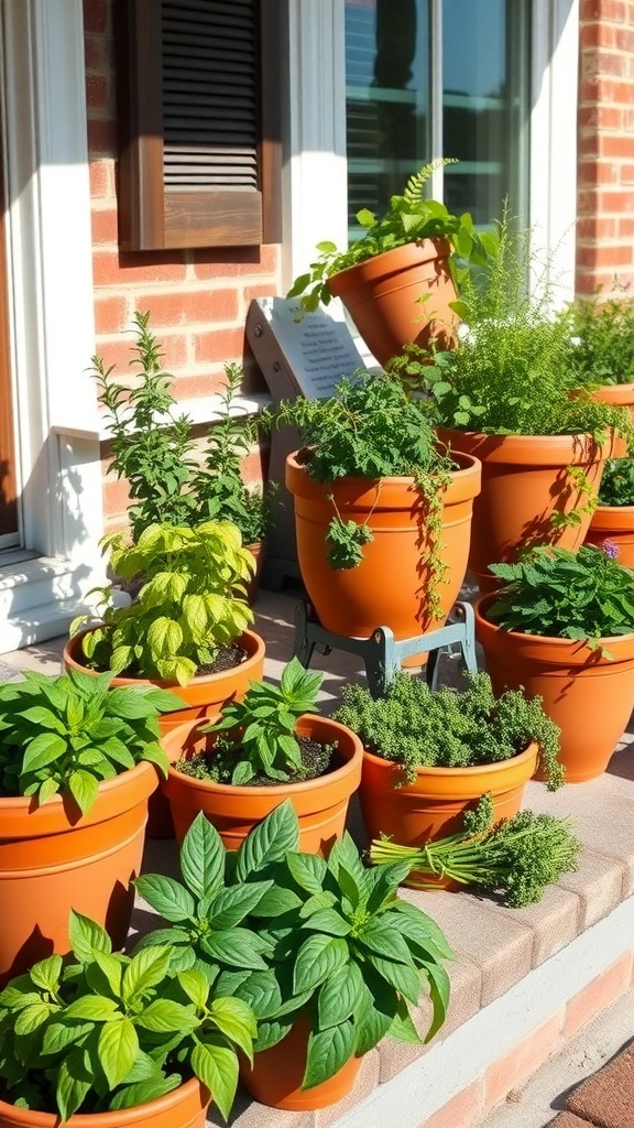 A variety of herbs in terracotta pots on a front porch