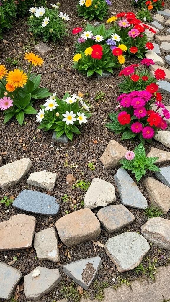 Colorful flowerbed bordered with natural stones