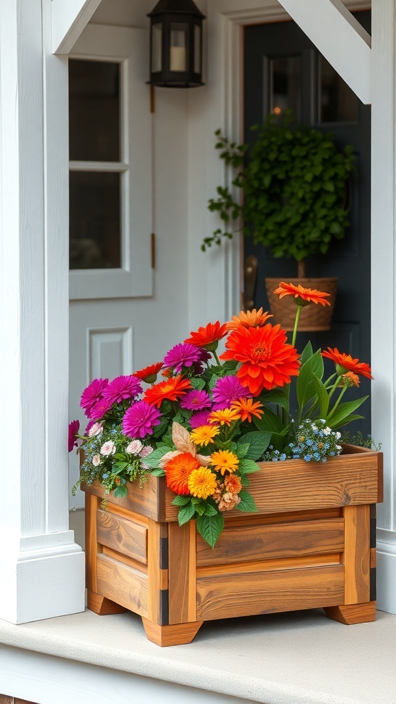 A rustic wooden planter box filled with colorful flowers on a front porch.