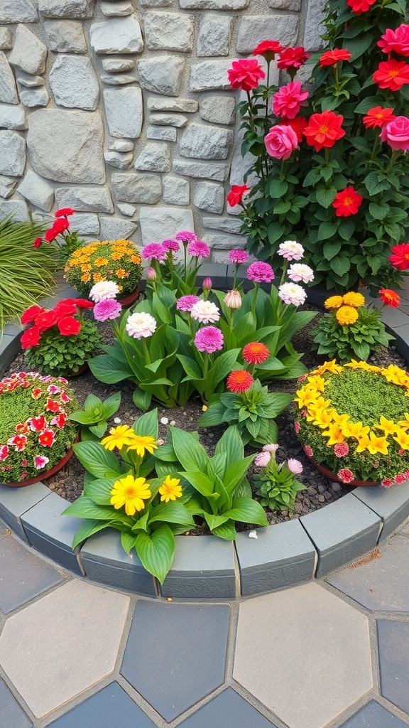 A vibrant flowerbed surrounded by slate stone borders, featuring colorful flowers.
